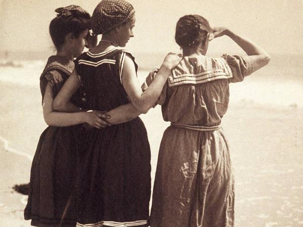In the 1800s many women wore flannel dresses weighed down with lead to prevent wind & waves knocking their skirts up.  History in Pictures.