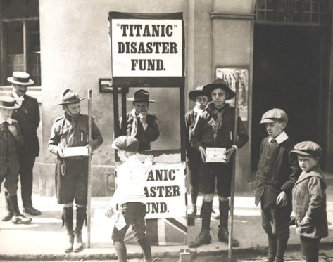 English Boy Scouts raising money for victims of the Titanic disaster, 1912. History in Pictures.